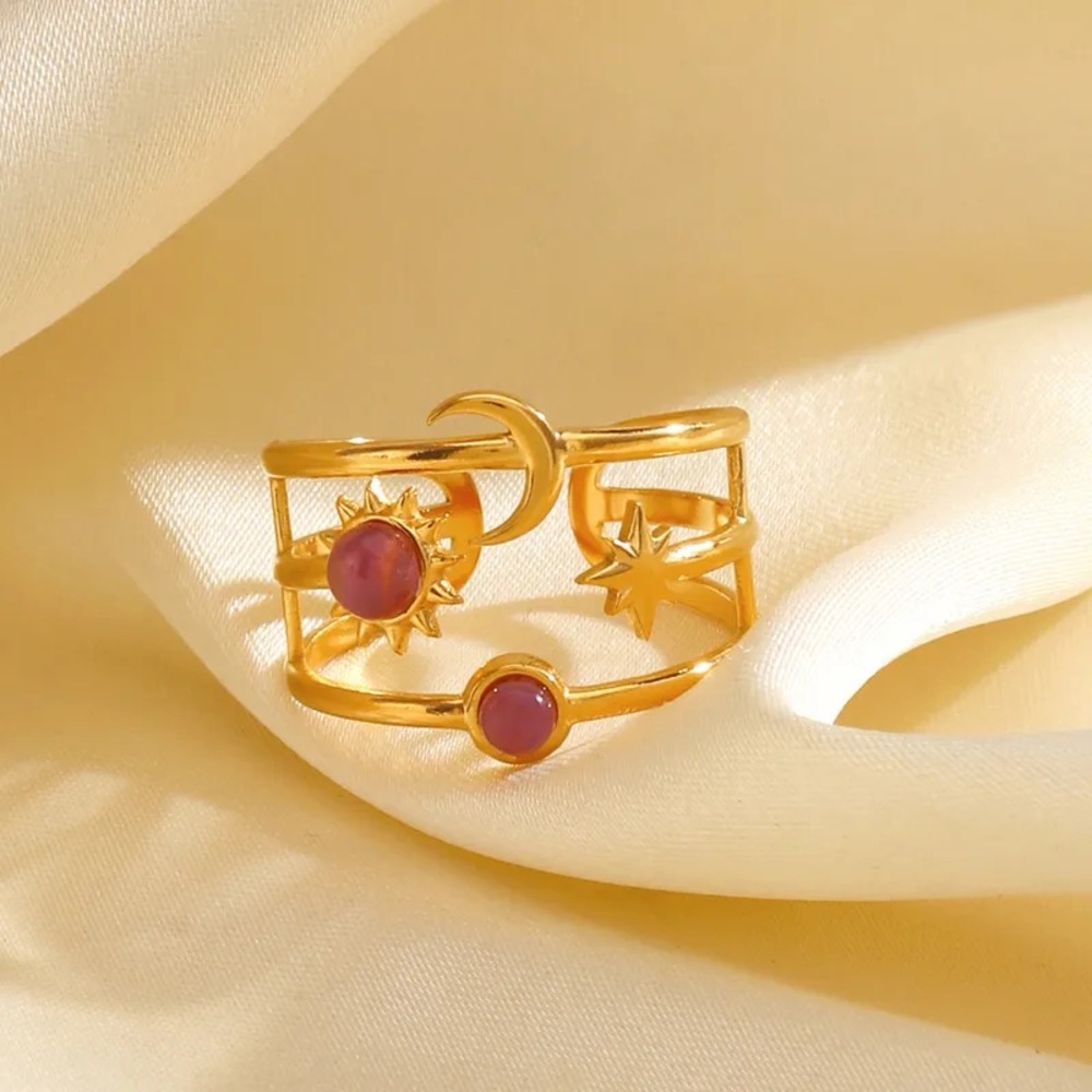 Celestial Sun, Moon& Star Ring with Pink Stones - Picture 2 of 8